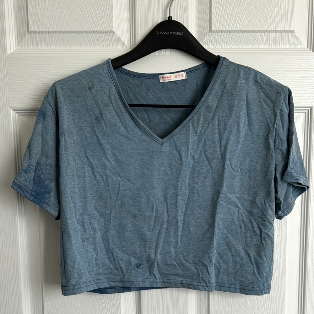Light Blue Acid Wash Super Soft Boxy Crop Short Sleeve V-Neck T-Shirt